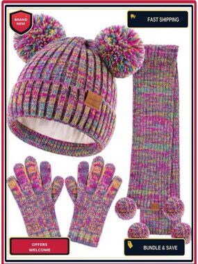 Girls Winter Hat Gloves Scarf Set Pom Beanie Neck Warmer Fleece Lined